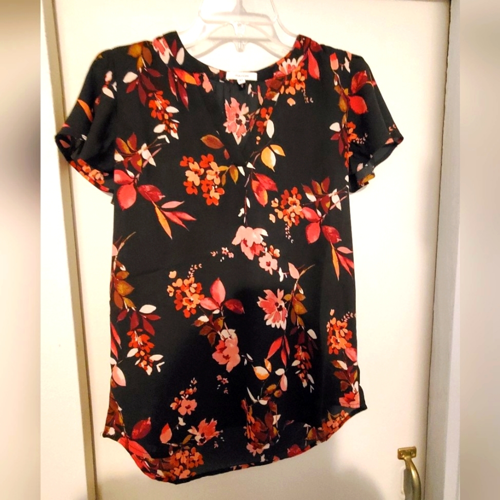 Maurices Atwood Black Blouse with Red and Pink Floral Design